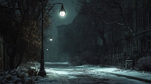 Snow-covered urban street at night with glowing vintage streetlamps, leafless trees, and old buildings. Soft snow falls gently, casting cold and quiet mood. Generative by AI