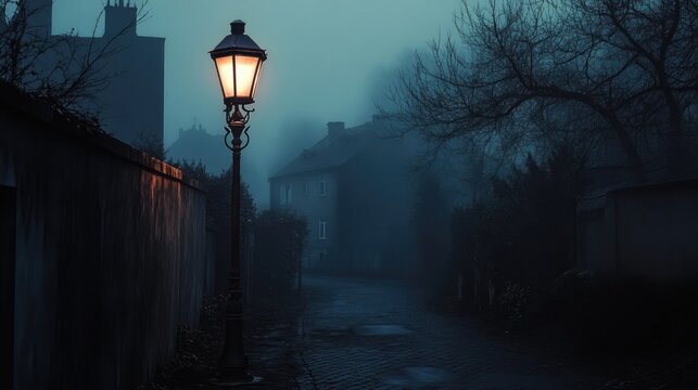 Snow-covered urban street at night with glowing vintage streetlamps, leafless trees, and old buildings. Soft snow falls gently, casting cold and quiet mood. Generative by AI - Powered by Adobe