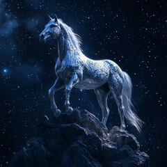 Mystical Silver Horse on Canyon Peak Under Starry Night Sky   high resolution   for isolate image