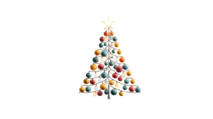 3D luminous Christmas tree built from colorful light bulbs with a radiant star topper, realistic festive shine and gentle shadows on white background