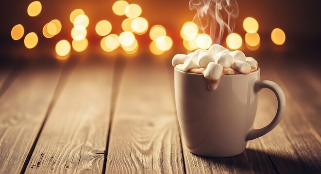 Steaming hot chocolate with marshmallows on rustic wooden table - Powered by Adobe