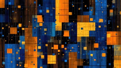 Abstract digital art with blocks, gradients of orange, blue, & black, pixelated texture