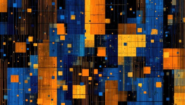 Abstract digital art with blocks, gradients of orange, blue, & black, pixelated texture