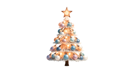 3D luminous Christmas tree built from colorful light bulbs with a radiant star topper, realistic festive shine and gentle shadows on white background