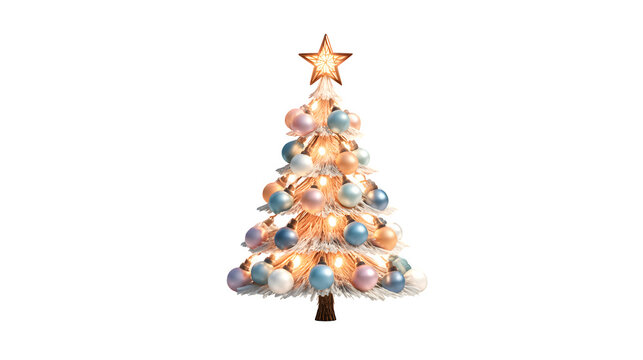 3D luminous Christmas tree built from colorful light bulbs with a radiant star topper, realistic festive shine and gentle shadows on white background