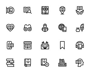 World Book Day icon set. Vector illustration pack feturing bookshop, library, eader, bookmark, audiobook bookshelf, gift, glasses nd more.