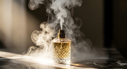 A luxurious perfume bottle with golden liquid inside, emitting a mysterious smoke or vapor in a dark, elegant setting that emphasizes sophistication and style