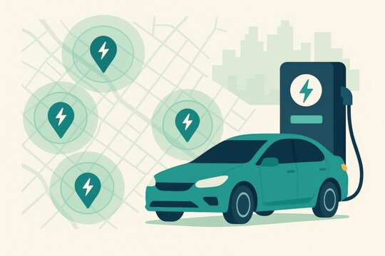 Electric vehicle charging station concept with electric car showcasing urban landscape and map elements depicting sustainable transport infrastructure and clean energy solutions - Powered by Adobe