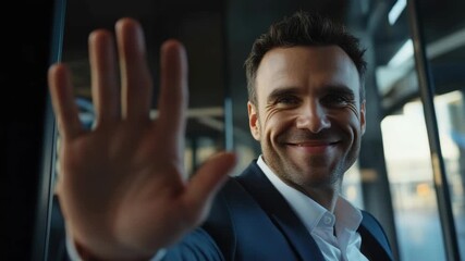 Smiling man in suit waving goodbye