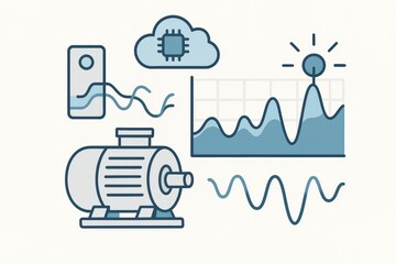 Illustrative depiction of industrial data analytics with motor, cloud computing, and performance metrics showcased through line graphs and signal waves expressing technological integration