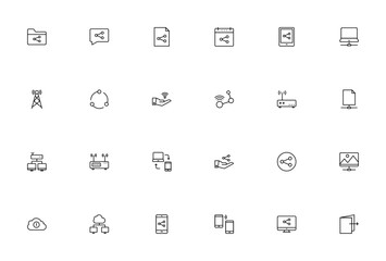 Network and sharing icon set. Vector illustration. Icludes symbols for folder,speech bubble, wifi, share cloud computing, mobile, aptop, and more. Editable troke.