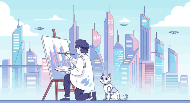 An artist paints a futuristic city skyline with a cat companion observing the creative process