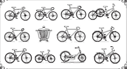 Collection of vintage silhouette bicycle icons and transport designs for sport and ride illustrations