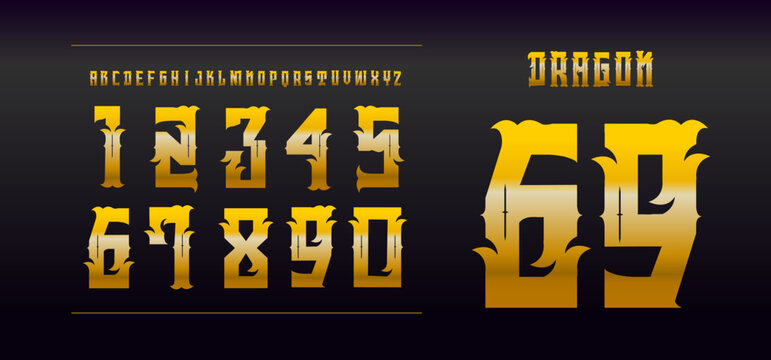 number design for sports uniforms. with a gradient color on the letters in gold and a black background. Suitable for billiard teams or even with a country western theme