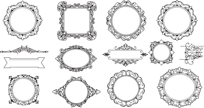 A set of ornate floral vector frames, labels, and borders for a vintage design illustration