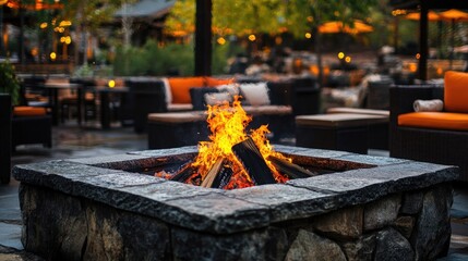 Outdoor patio with fire pit surrounded by cozy seating and lush trees. Evening light creates warm and welcoming atmosphere for gathering and relaxation. Generative by AI