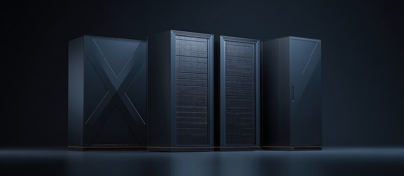 Dark data center servers, abstract design, modern, futuristic, sleek look