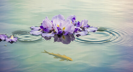 A golden koi fish swims beneath a cluster of delicate purple flowers floating serenely on rippling water
