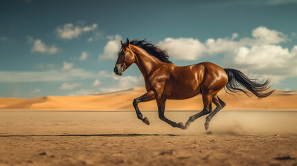 Running bay horse in the desert