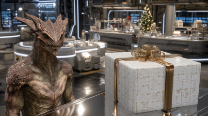 Alien creature in futuristic lab with Christmas gift box and decorated tree in background, blending sci-fi and holiday themes.