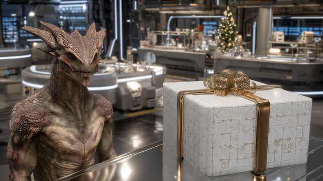 Alien creature in futuristic lab with Christmas gift box and decorated tree in background, blending sci-fi and holiday themes.