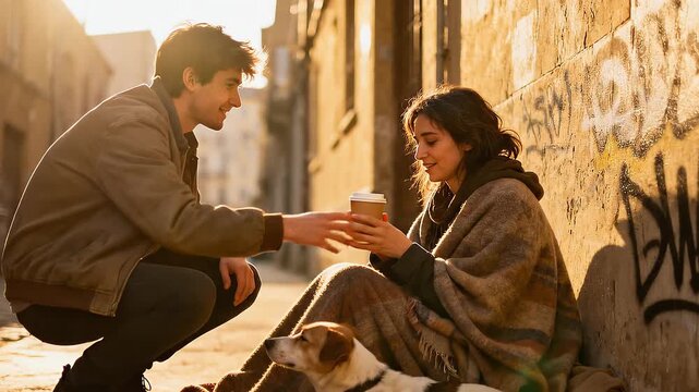 A passing guy treats a homeless woman to a warm drink, a dog sits nearby