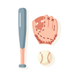 Minimalist Flat Baseball Core Equipment Vector Illustration. Soft Color Sport Game Bat Glove and Ball Graphic Design