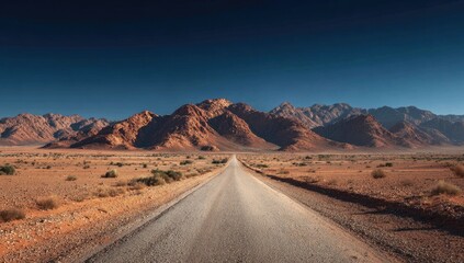Naklejka premium Desert road stretches toward majestic mountains under a deep blue sky