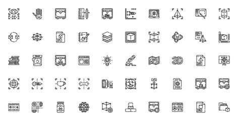 3D printing icon set. Vector illustration. Includes ymbols for 3d printer, robtic hand, prototyping, modl, filament, calibrate, st, cube and more. Editable troke.