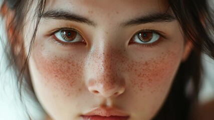 A close-up of a woman's face looking directly at the camera. She has light skin with visible freckles, red lips and is wearing subtle makeup. The portrait has high contrast and bright lighting.