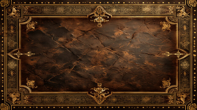 Antique leather texture with elegant gold border and baroque filigree, ideal for invitations or certificates