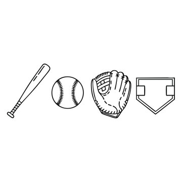Modern Outline Baseball Equipment Vector Icon Set. Minimal Line Art Sport Bat Ball Glove and Home Plate Graphic Illustration