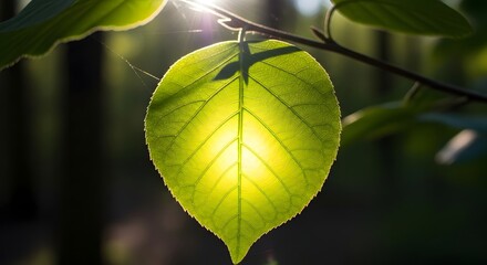 Close-up of a vibrant green leaf illuminated by sunlight with a blurred natural background, showcasing the intricate vein structure and fresh foliage