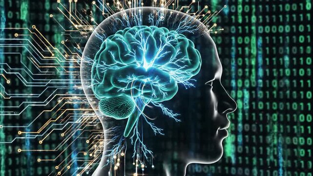 Digital brain with neural network and binary code represents artificial intelligence and technology advancement