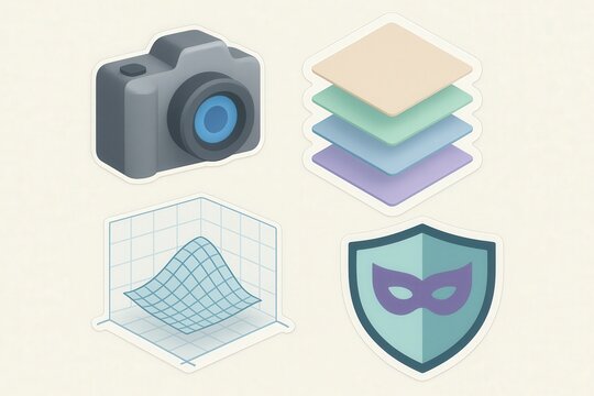 Creative visual representations of digital security concepts showcasing a camera easily identifiable with simplicity layers of graphics and a shield illustrating protection technology