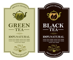 collection of green and black tea labels with leaves and cup