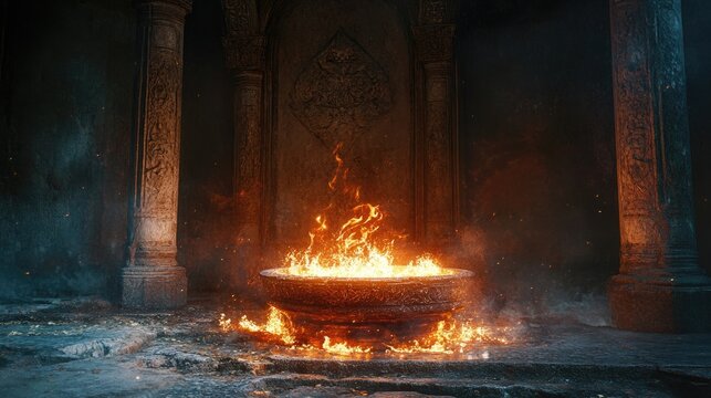 Mystical fire blazes in a circular stone altar inside ancient temple. Tall dark columns frame the ritual scene as sparks and flames rise toward gothic arched walls. Generative by AI - Powered by Adobe