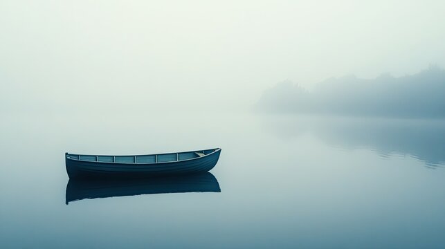 Lonely wooden rowboat floats silently on a fog-covered lake. Still water and soft mist blur the distant shoreline, creating a peaceful and meditative atmosphere. Generative by AI - Powered by Adobe