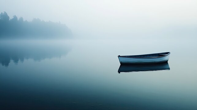 Lonely wooden rowboat floats silently on a fog-covered lake. Still water and soft mist blur the distant shoreline, creating a peaceful and meditative atmosphere. Generative by AI