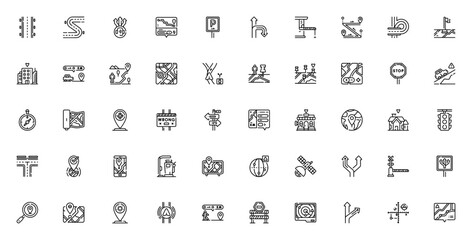 Navigation and Maps icon set. Vector illustration. Icludes symbols for road, rute, GPS, location, directon, map, compass, traffic,parking and more. Editablestroke.