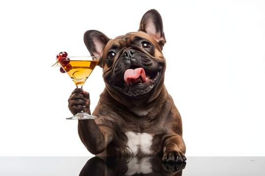 Drunk dog drinking a cocktail. Cool drunk french bulldog dog cheering a toast with martini cocktail drink .
