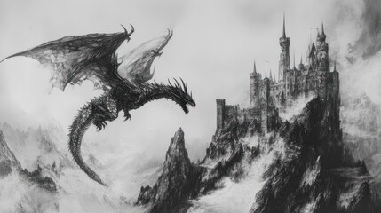 Majestic Dragon Soars Towards Ancient Castle on Rocky Cliffs