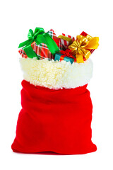 Santa's red sack full of gift boxes. Isolated on a white background.