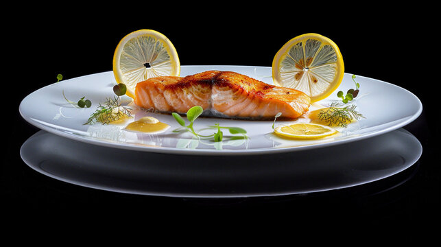A beautifully plated salmon steak with a golden crust and lemon butter. Elegant minimal presentation highlights gourmet culinary refinement