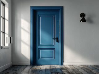 Fototapeta premium Elegancka aranżacja z niebieskimi drzwiami i drewnianą podłogą