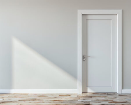 Fototapeta Aranżacja wnętrza z drewnianą podłogą, białymi drzwiami i naturalnymi dodatkam