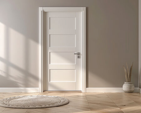 Fototapeta Aranżacja wnętrza z drewnianą podłogą, białymi drzwiami i naturalnymi dodatkami