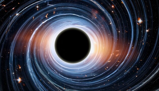 A Captivating View Of A Black Hole In Space A Dark Center Surrounded By A Swirling Disk Of Hot Glowing Gas And Dust Stars And Nebulae In The Background Being Bent By Its Gravity Feeling Of The