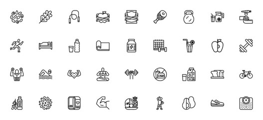 Healthy lifestyle icon set. Fitness and nutrition vetor icons pack. Includes smbols for exercise, workou, diet, yoga, running, frut, protein, sleep and more Editable stroke.