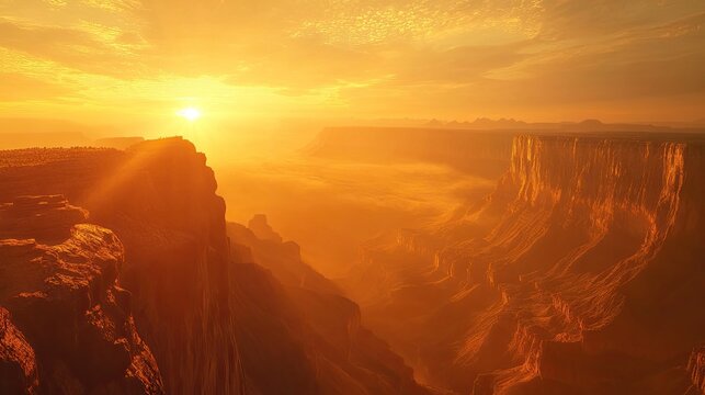 Golden sunlight pours over vast canyon cliffs, filling the deep valleys with glowing mist and highlighting the layered silhouettes of rocky formations under a dramatic sky. Generative Ai